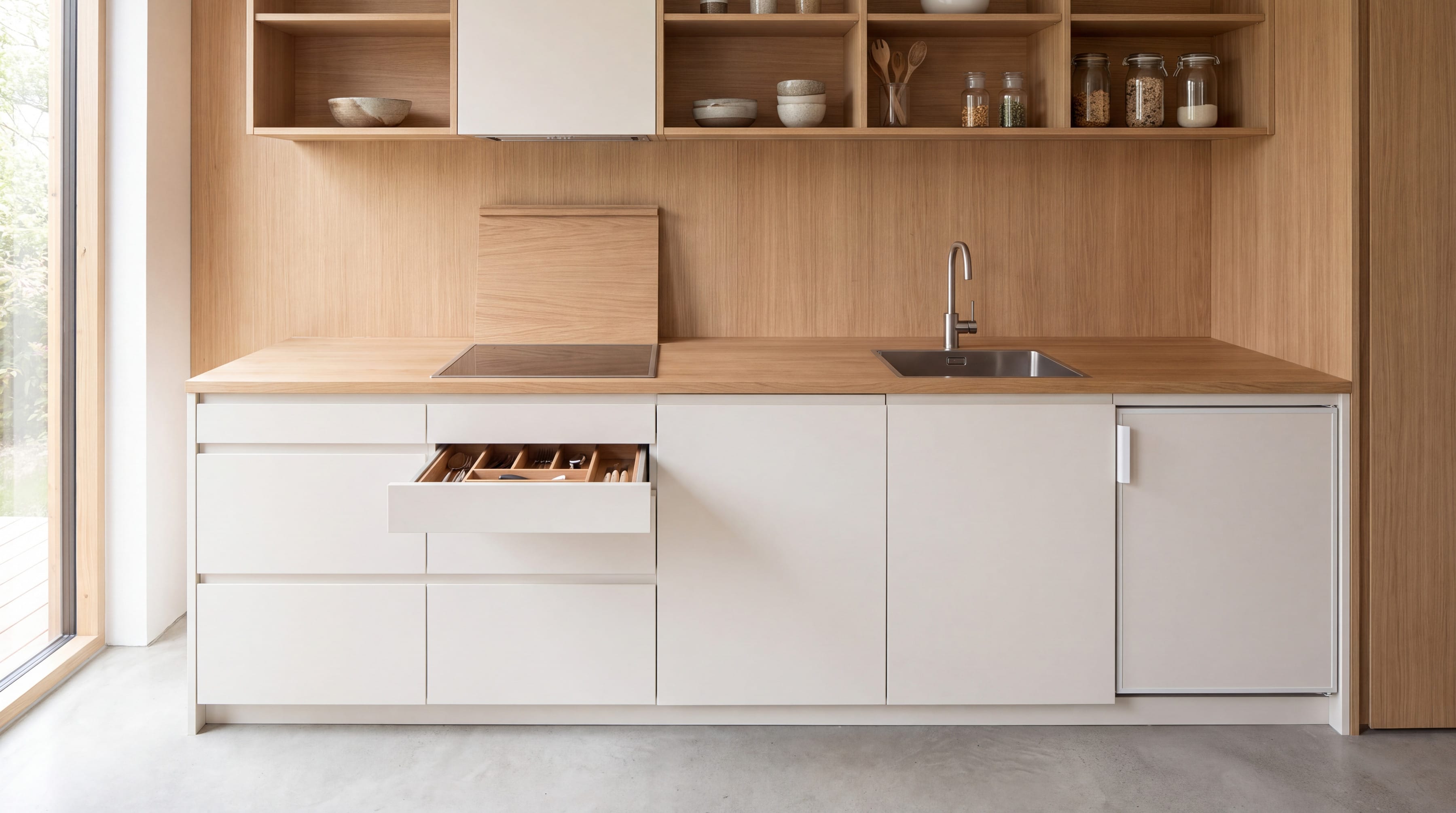 One-wall kitchen in white and oak with a cutlery drawer pulled open beneath the worktop
