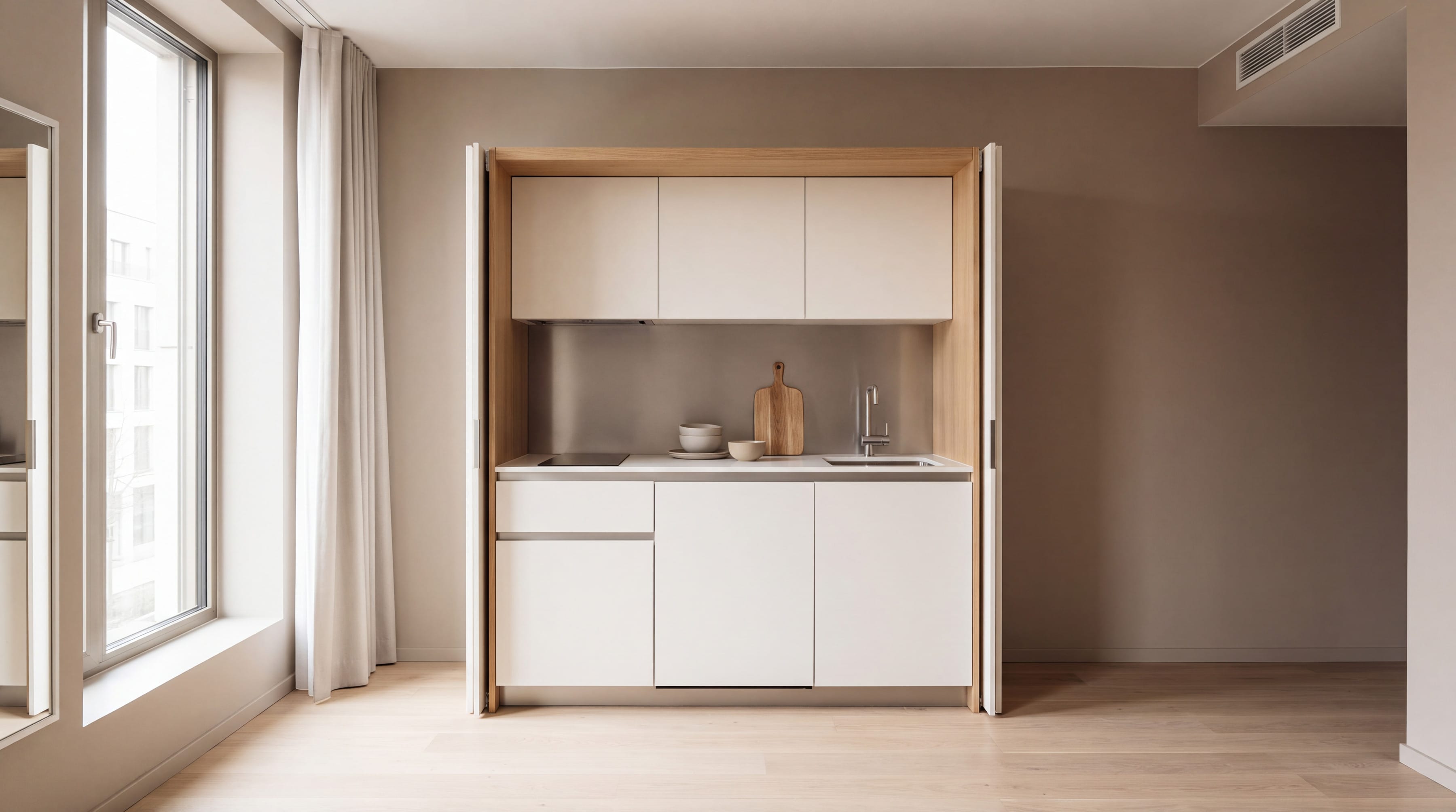 A complete kitchen set into an oak-framed recess in a bright room, with sink, hob and cupboards in one compact unit