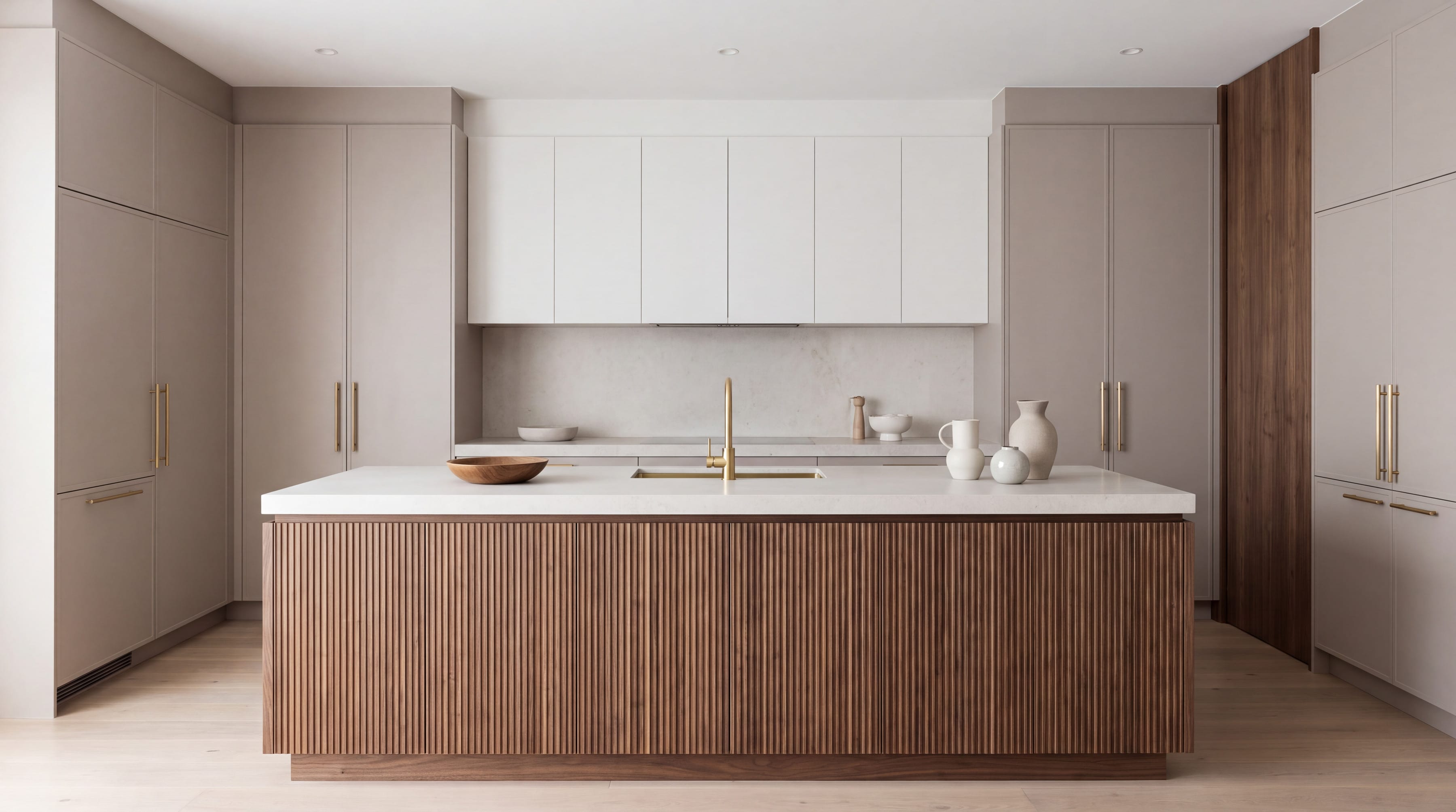 Island with a fluted walnut front and a pale worktop, set in a calm kitchen with tall cabinets on both sides