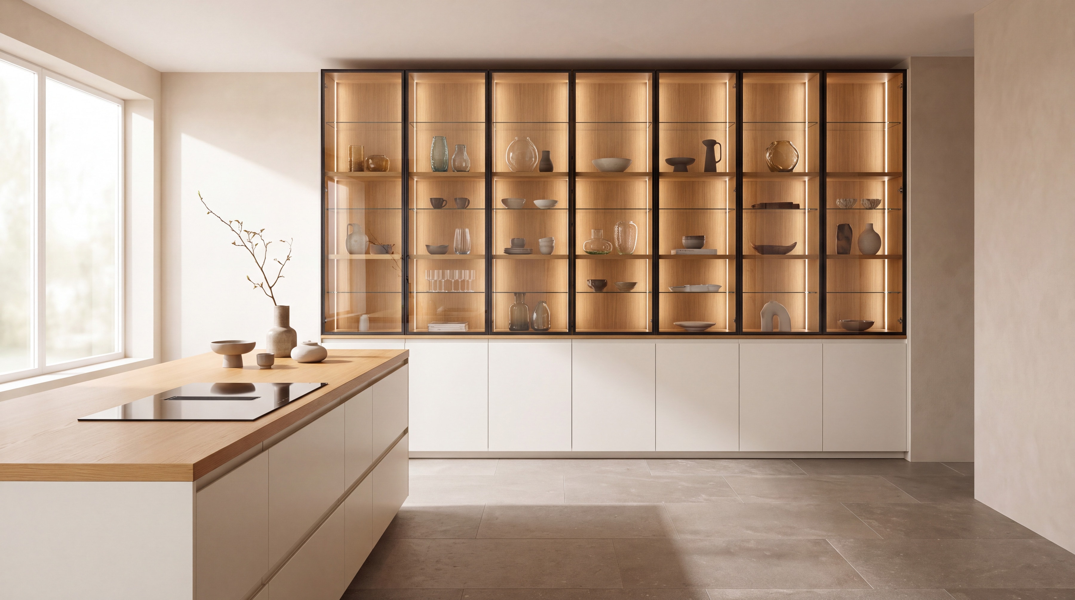 Wall of glass-fronted display cabinets lit from within above a pale run of drawers, with an oak-topped island below