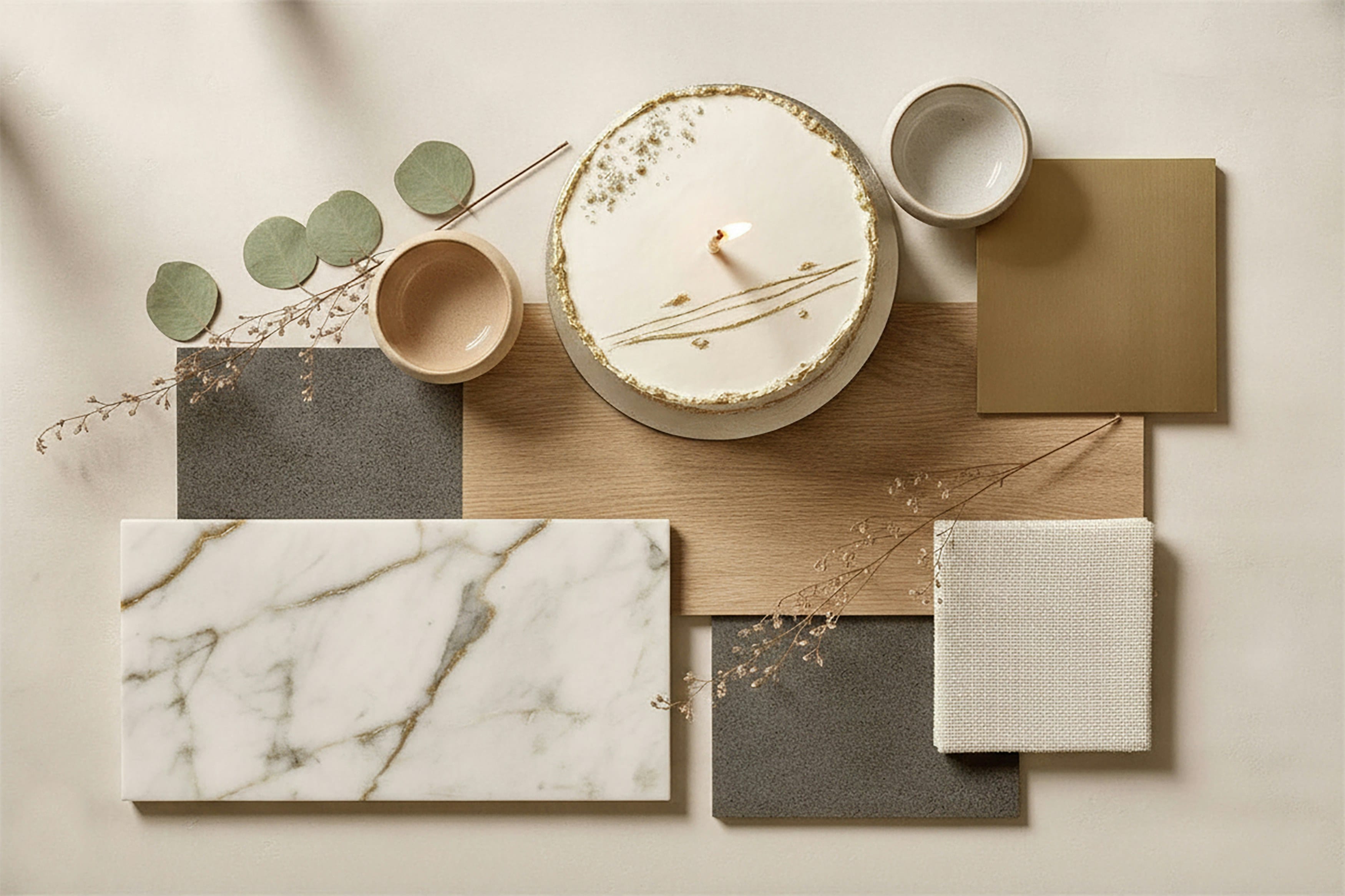 Neutral material moodboard with veined, wood and ceramic samples, top view