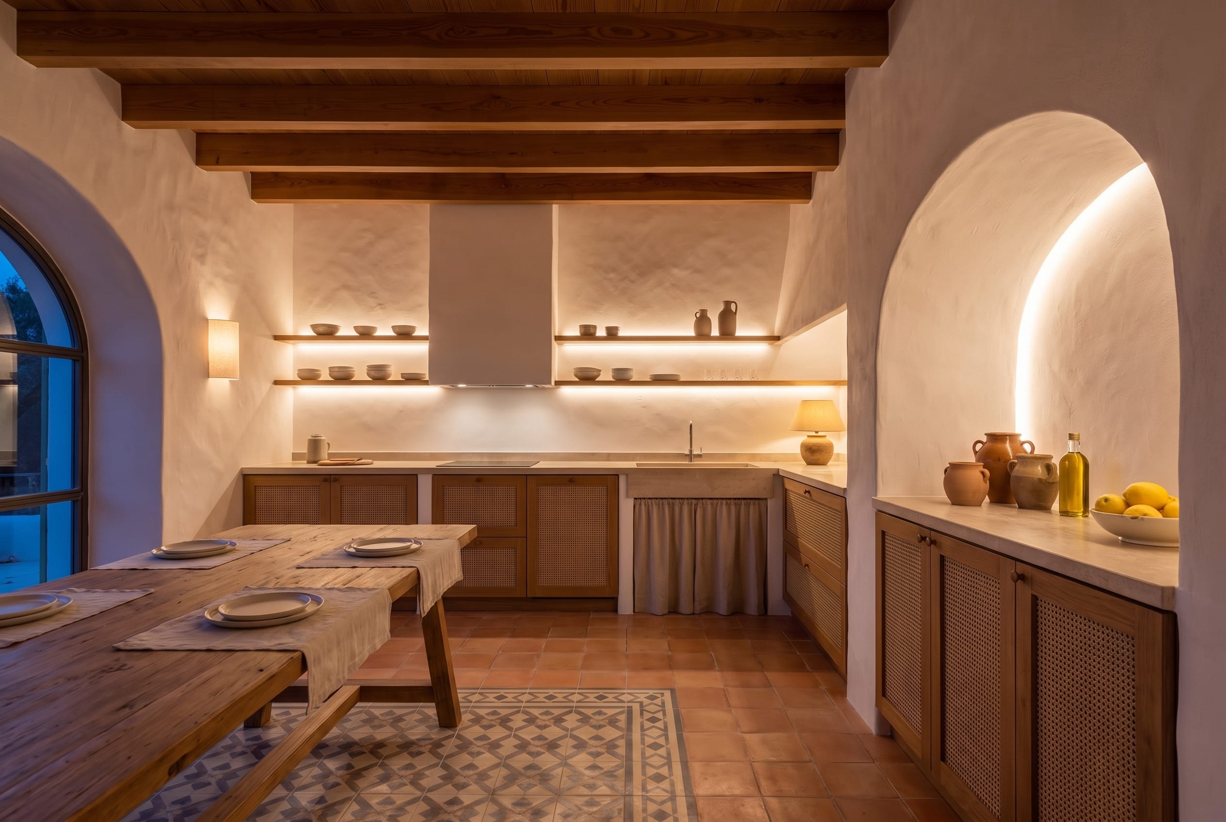 Limewash Mediterranean Kitchen: evening light