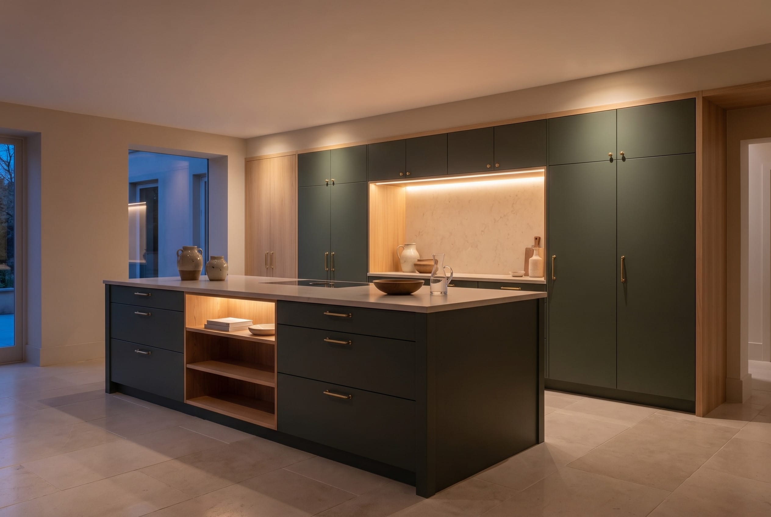 Forest Green Matt Kitchen: evening light