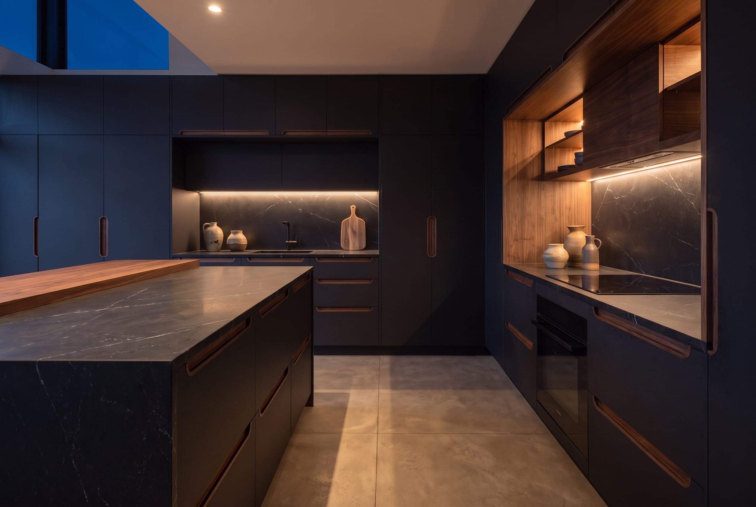 Nero Veined Kitchen: evening light