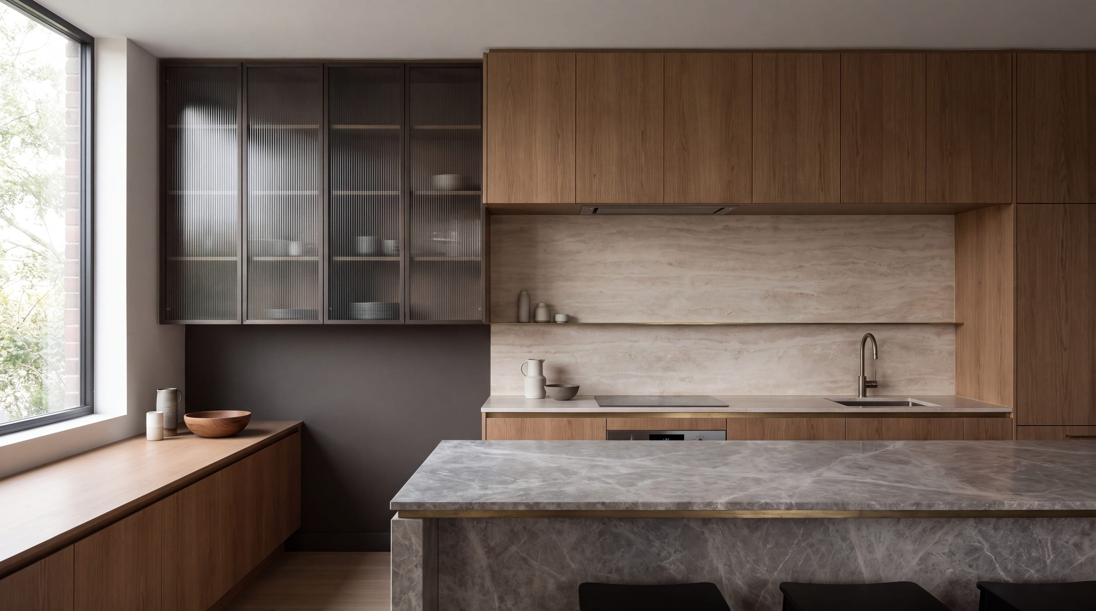 Smoked Reeded Glass Kitchen: wide view