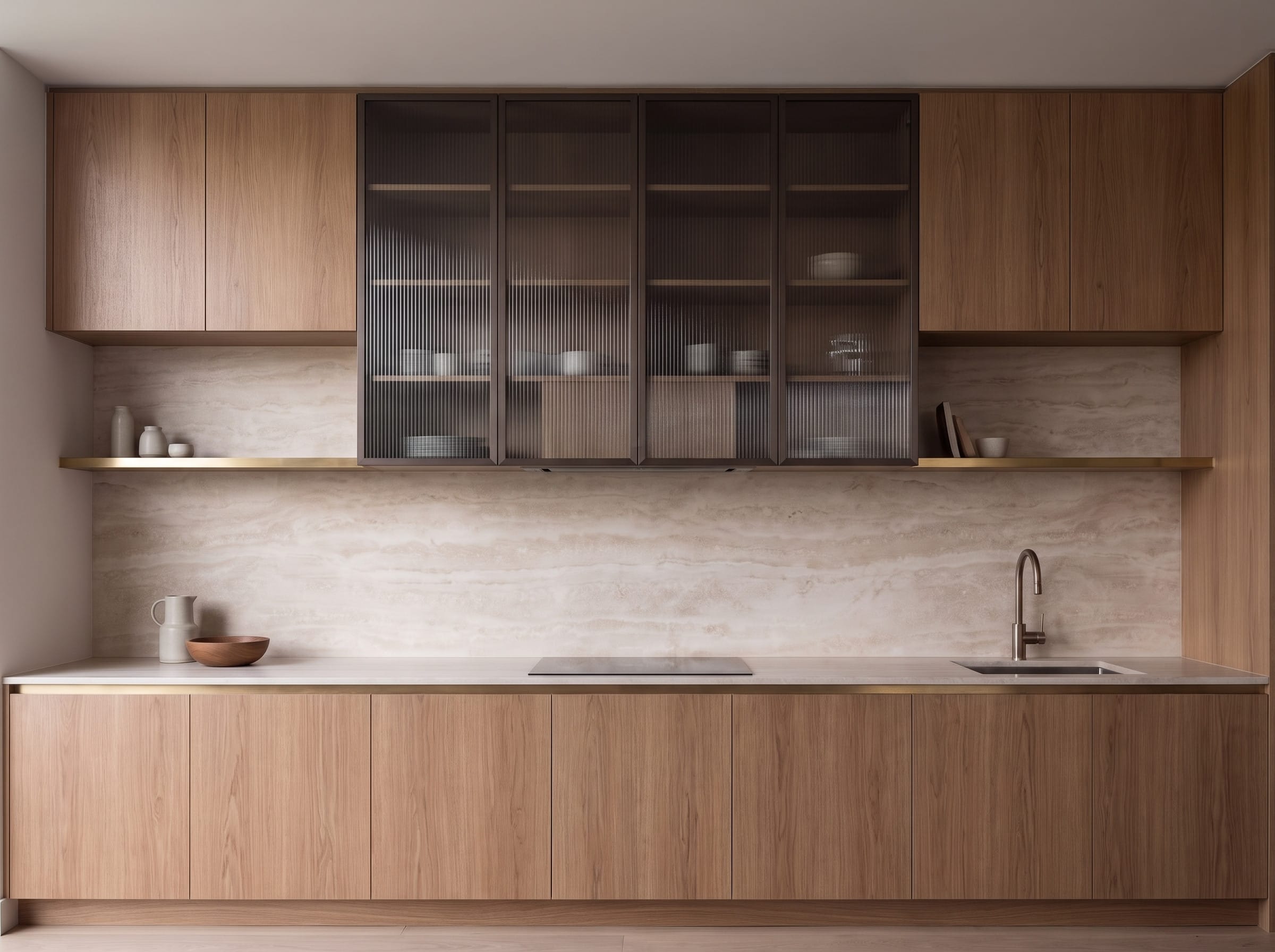 Smoked Reeded Glass Kitchen: cabinetry elevation