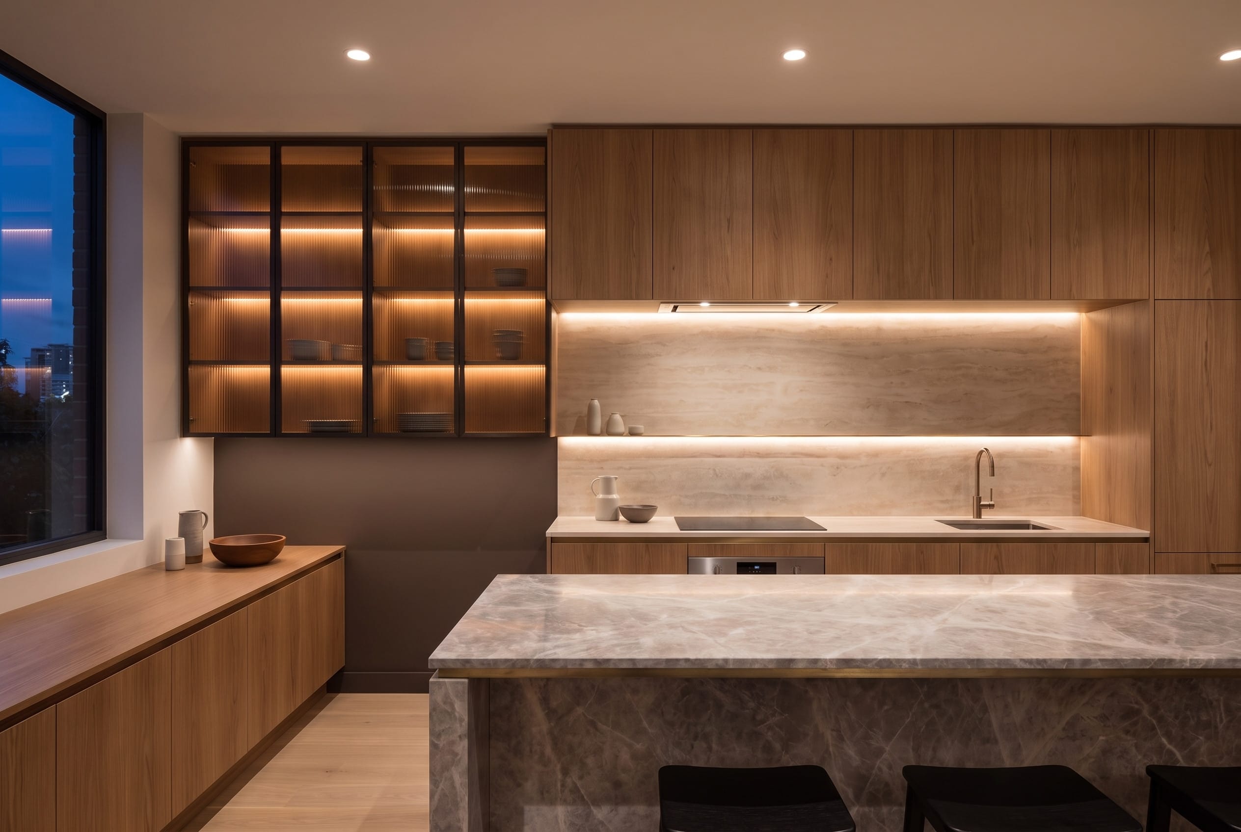 Smoked Reeded Glass Kitchen: evening light