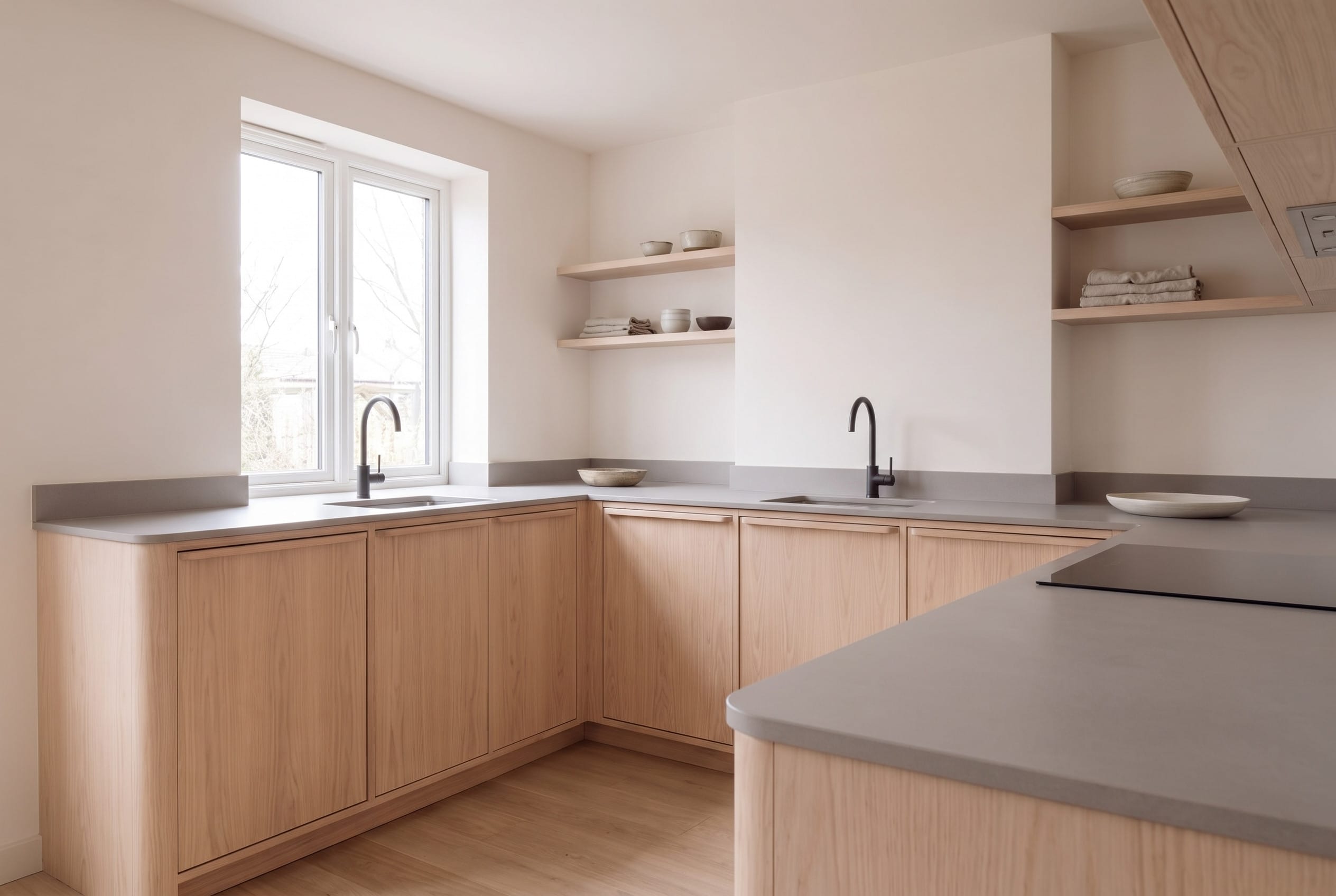 Birch Japandi Kitchen: island three quarter