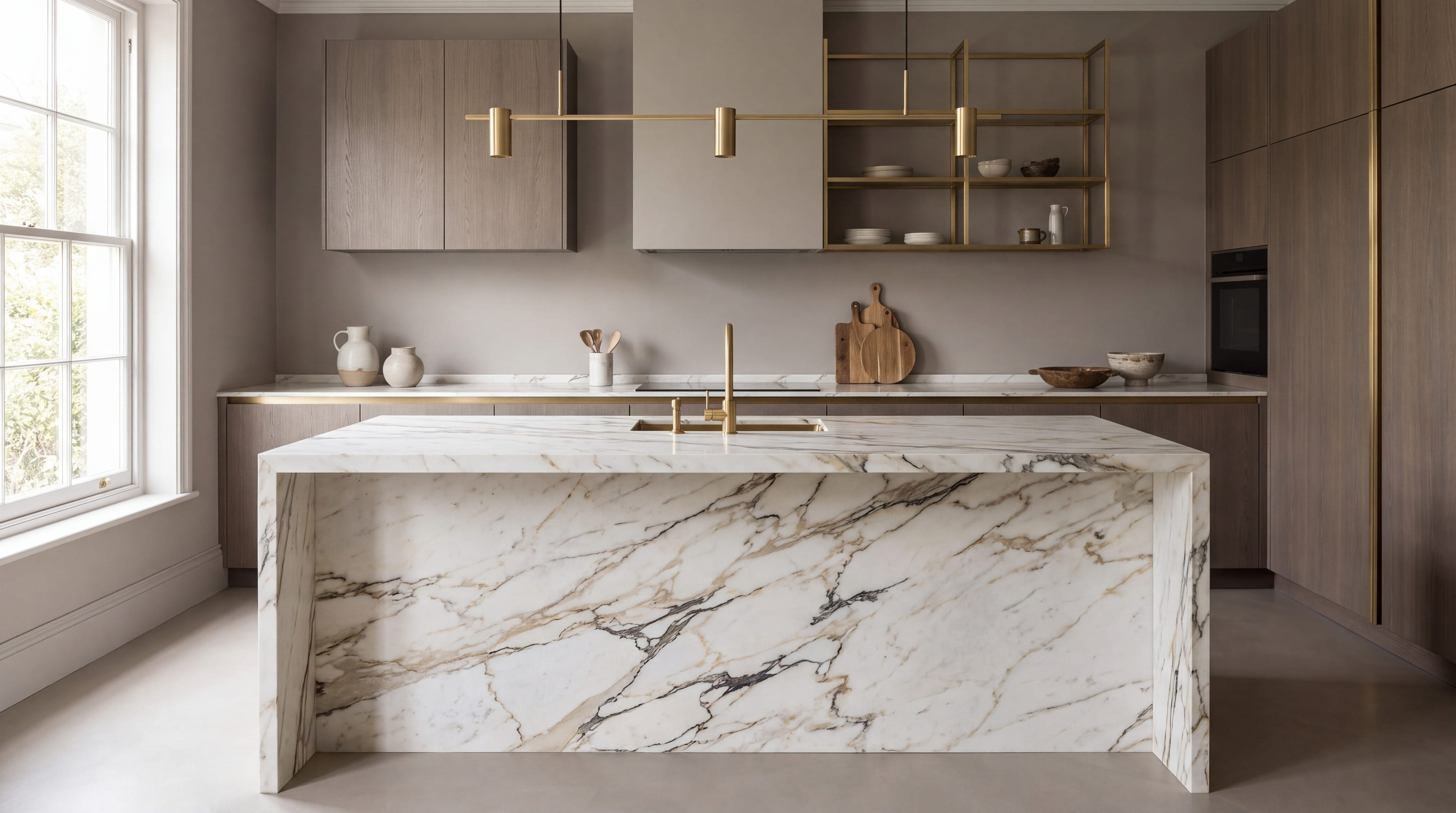 Kitchen island in a white Calacatta look porcelain surface with dark veining that runs down the sides to the floor, under brass pendant lights