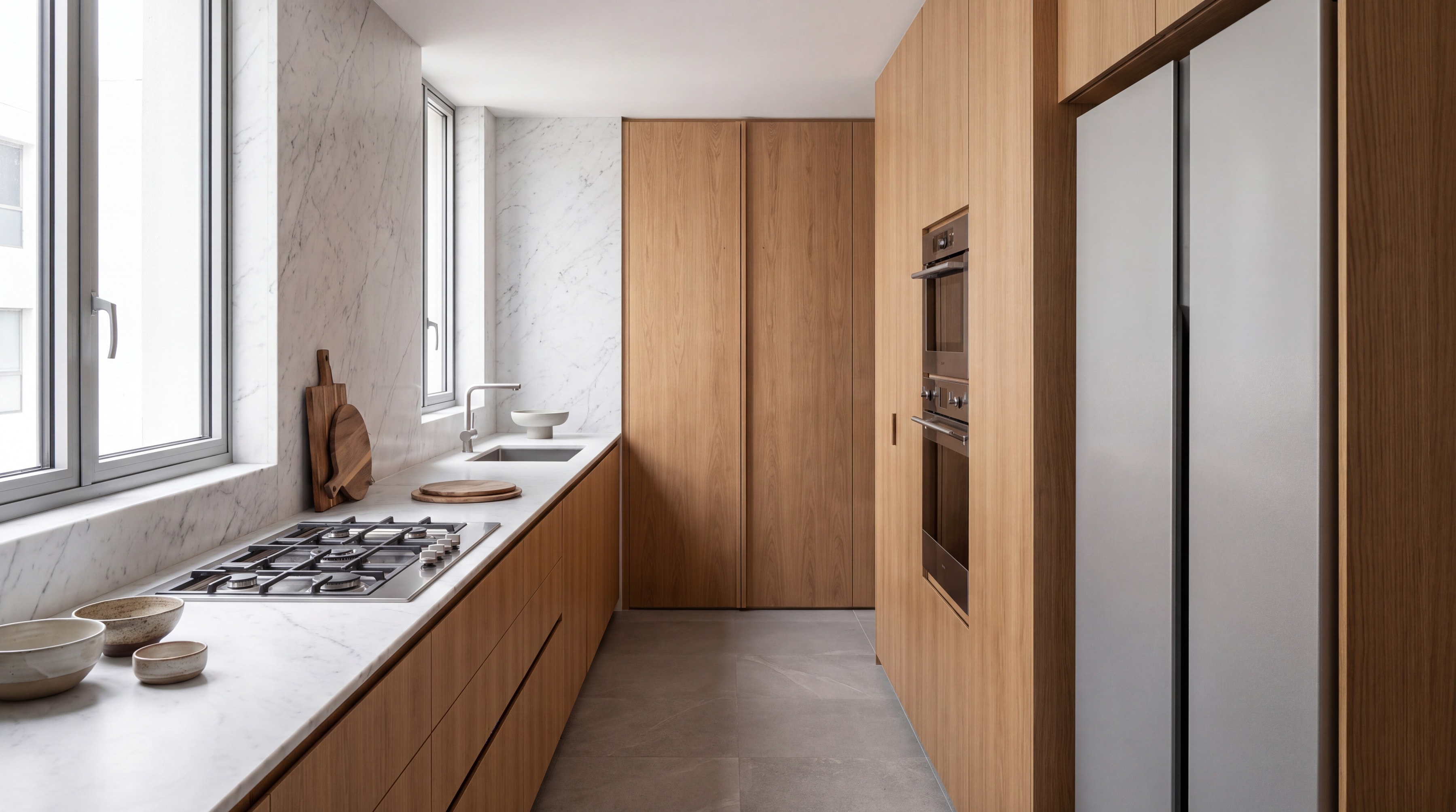 Full-height Slab Backwall Kitchen: wide view