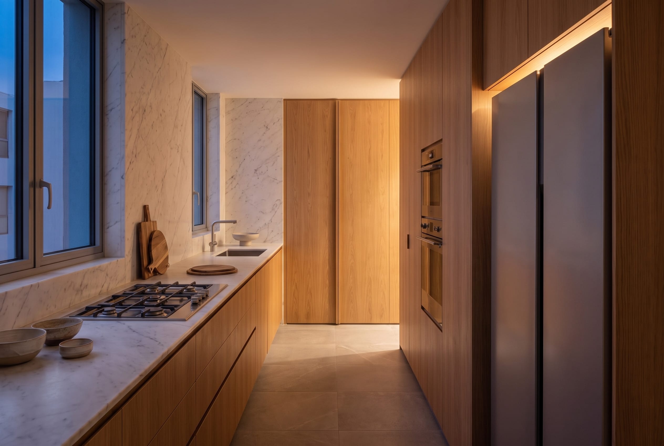Full-height Slab Backwall Kitchen: evening light
